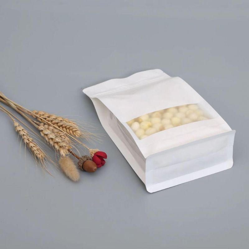 Quad Seal Flat Bottom White Kraft Paper Bag Dried Meat Packing Bag Food Bag