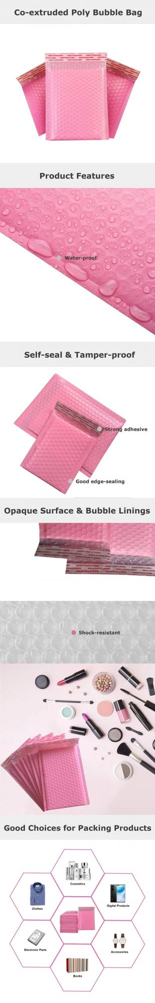 Hot Selling Premium Co-Extruded Bubble Mailing Bags Custom Size Pink Poly Bubble Mailers Plastic Wrapping Bag Padded Envelopes