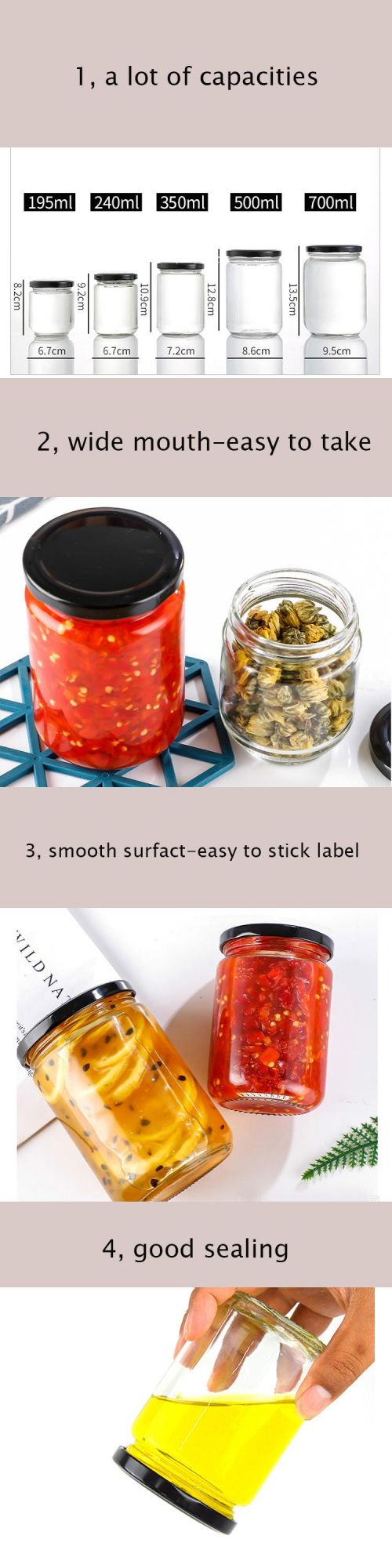 Glass Pickles Food Jam Honey Glass Jar with Screw Metal Lids