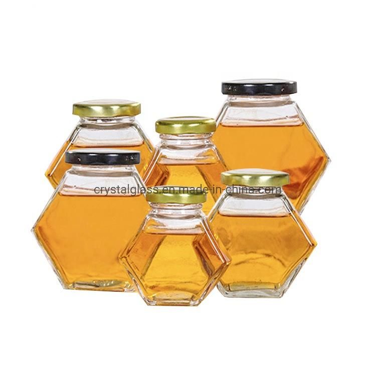 150g 250g 500g Bee Honey Packaging Hexagon Jar Type with Wooden Dipper