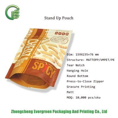 BPA Free Food Grade Snack Pouch Resealable Zipper High Vapor Water Barrier Mattopp/Vmept/PE Laminated Plastic Flexible Doypack Bag