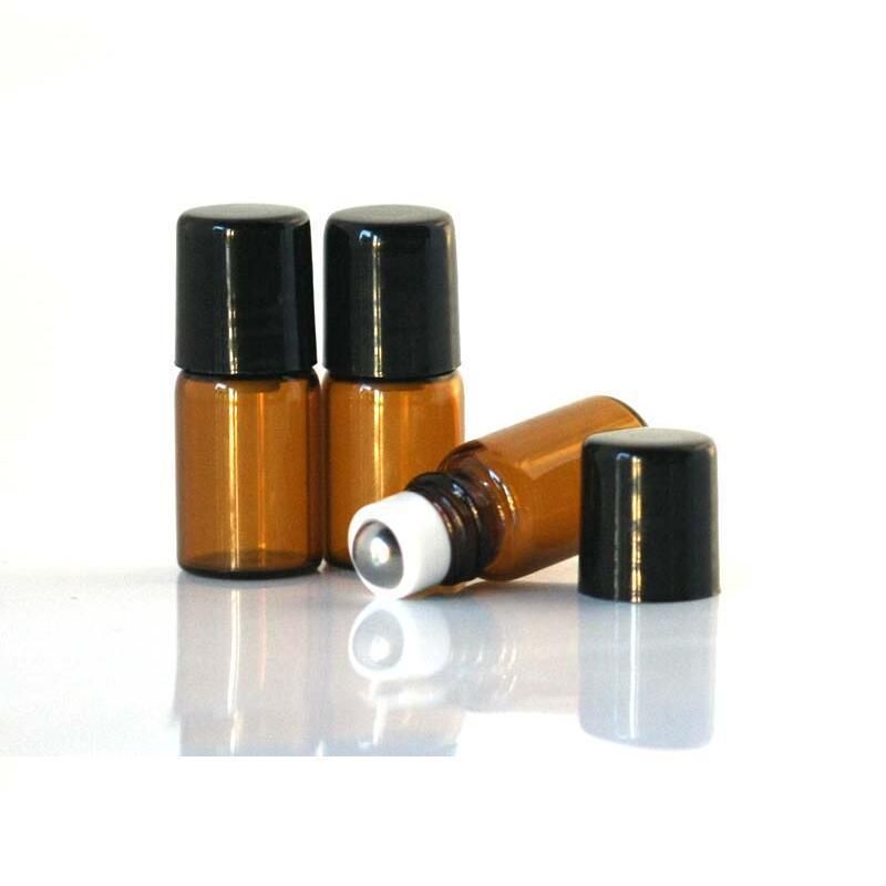 2ml Amber Roll on Glass Bottle, 2cc Sample Vial, Small Essential Oil Bottle + Metal Roller Ball