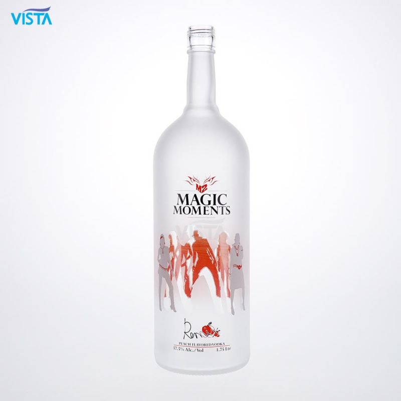 1750ml Peach Vodka Bottle High Flint Glass Bottle with Frost and Window Decal with Screw Cap