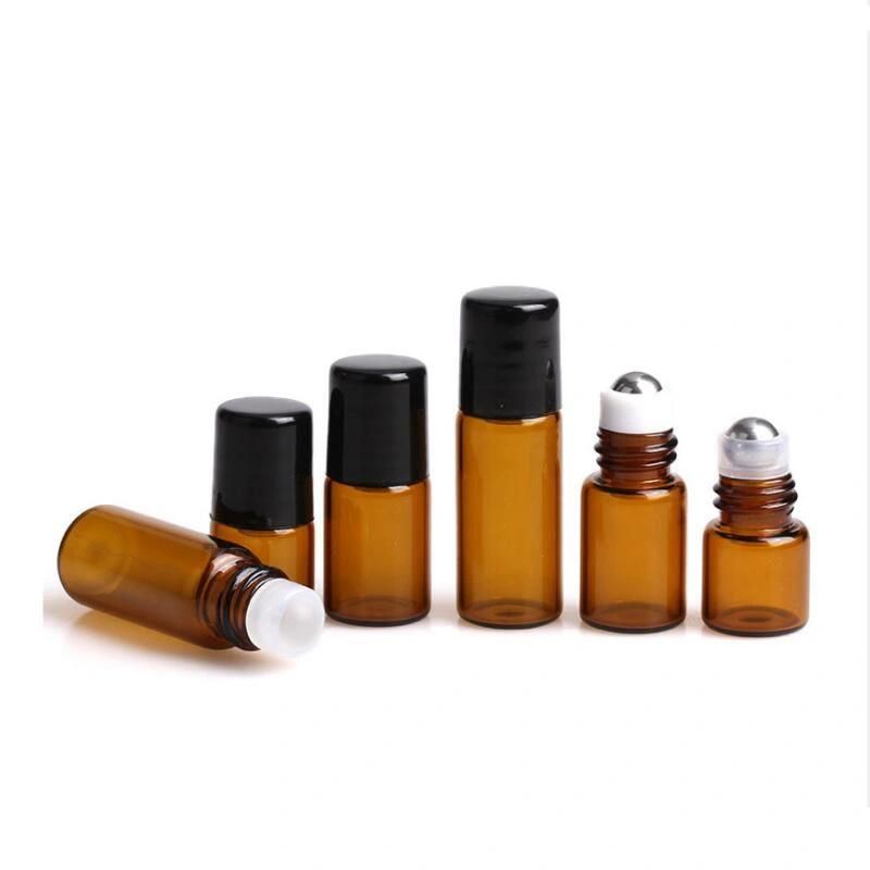 Set 1 2 3 5ml Amber Glass Roll on Bottle with Stainless Steel Roller Small Essential Oil Roller-on Bottle