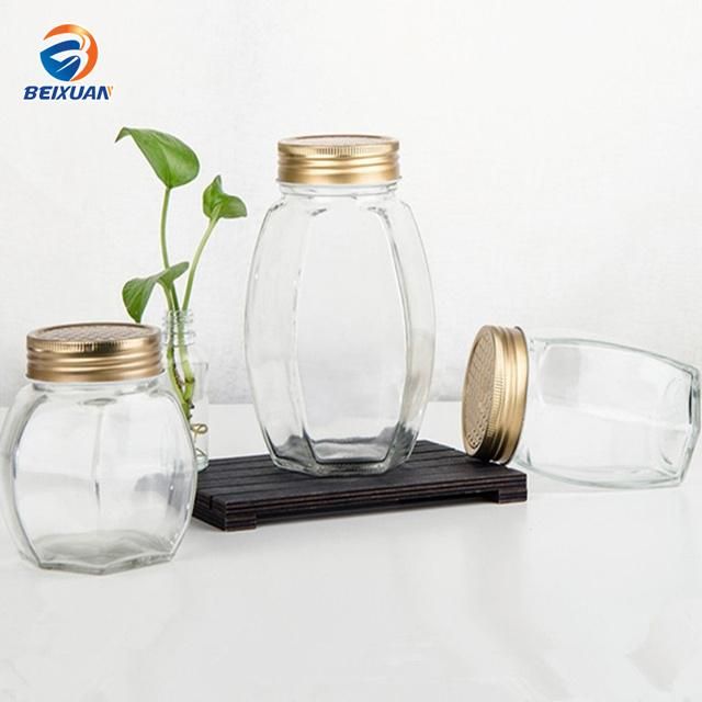 380ml Hexagonal Transparent Glass Honey Jar Glass Bottle with Tinplate Cover