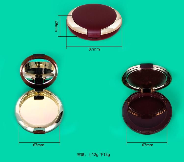 59mm Pan Luxury Brown and Gold Compact Powder Case with a Mirror Face Powder Packaging Black Makeup Compact Case with 2 Tiers