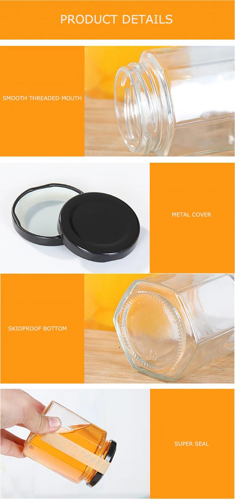 Six Edge Food Storage Glass Honey Pickles Jar with Black Lid