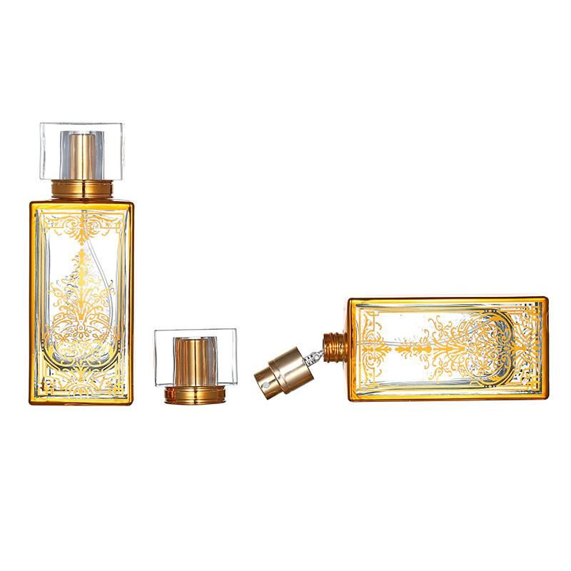 Luxury Rectangle Golden Pattern Perfume Bottle Crystal Gold Cover Transparent Sprayer Bottle