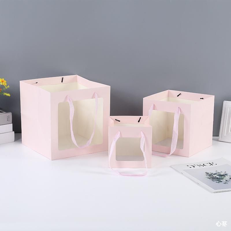 New Style Pink Paper Bag with Ribbon Handle Custom Printed Window Square Flower Light Bridesmaid Gift Light