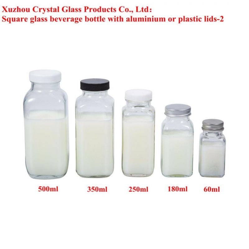 250ml 350ml 500ml 8oz 10oz 16oz Plastic Cap French Square Milk Clear Glass Bevera Bottle for Fresh Cold Pressed Juice