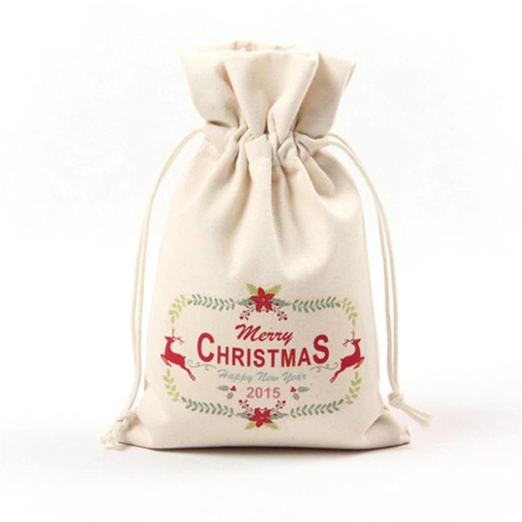 Wholesale Customized Design Festival Seasonal Gift Christmas Food Portable Reusable Promotion Pouch Packing Double Pull Cord Muslin Canvas Cotton Drawstring Bag