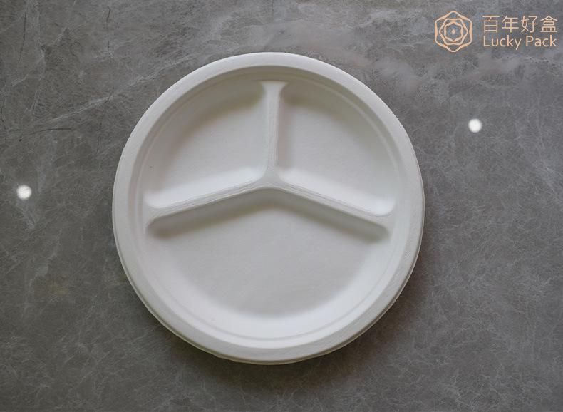 Compostable 3 Compartment Biodegradable Tableware Sugarcane Bagasse Paper Round Plate