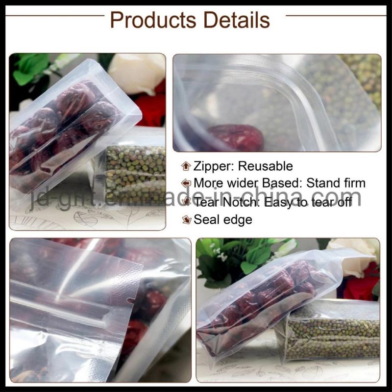 Wholesale Flexible Food Packaging Clear Flat Bottom Gusseted Bags with Zip Lock for Food Dried Nuts Fruit Packing