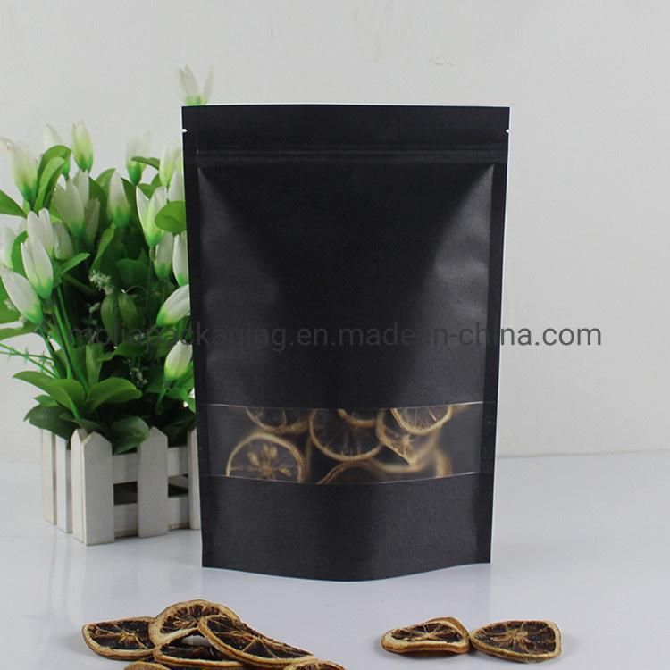 Kraft Black Paper Stand up Sealing Bags Food Grade with Zipper and Tear Notches/Clear Window