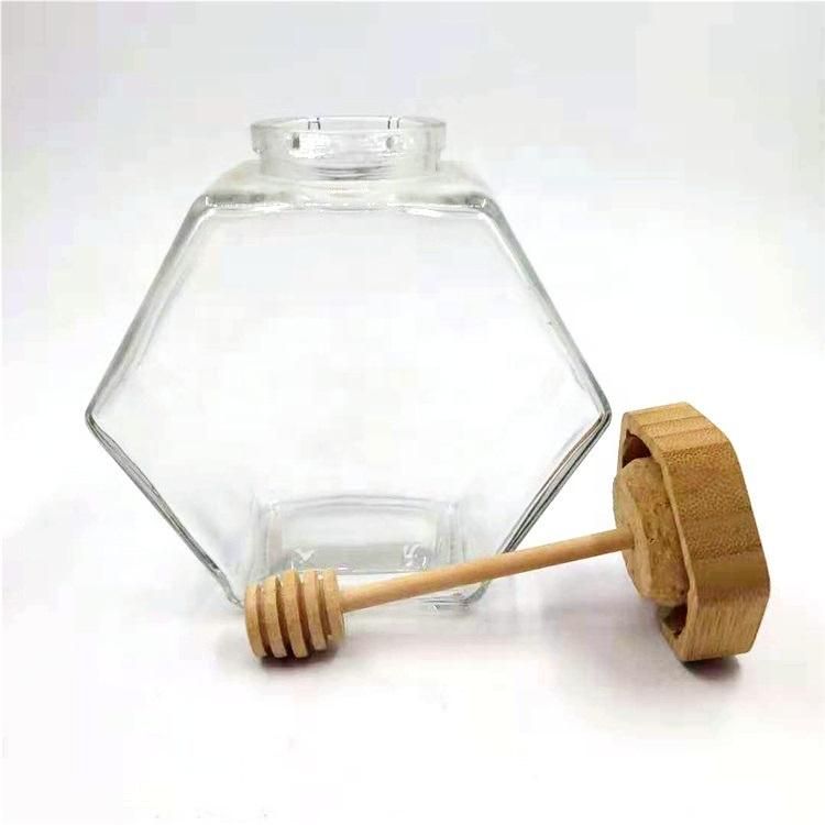 220ml 380ml Flat Hexagon Food Jar Honey Glass Jar with Bamboo Lid Dipper