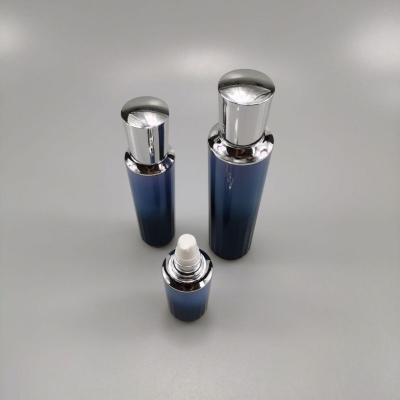 30ml 50ml 90ml Round Blue Acrylic Bottle Cream Serum Bottle with Silver Cap for Essence