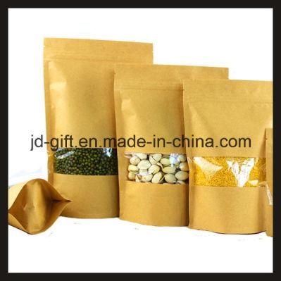 Wholesales Kraft Paper Standing Ziplock Food Packaging Bags with Clear Window for Candy, Seeds, Spice, Tea, Dry Food (16*22+4cm)