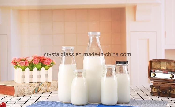 250ml 300ml 500ml 1000ml Empty Transparent Glass Fresh Milk Juice Beverage Bottle with Tin Cover Wholesale