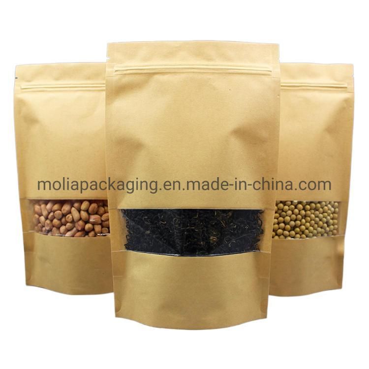 Kraft Brown Paper Stand up Sealing Bags Food Grade with Zipper and Tear Notches/Clear Window