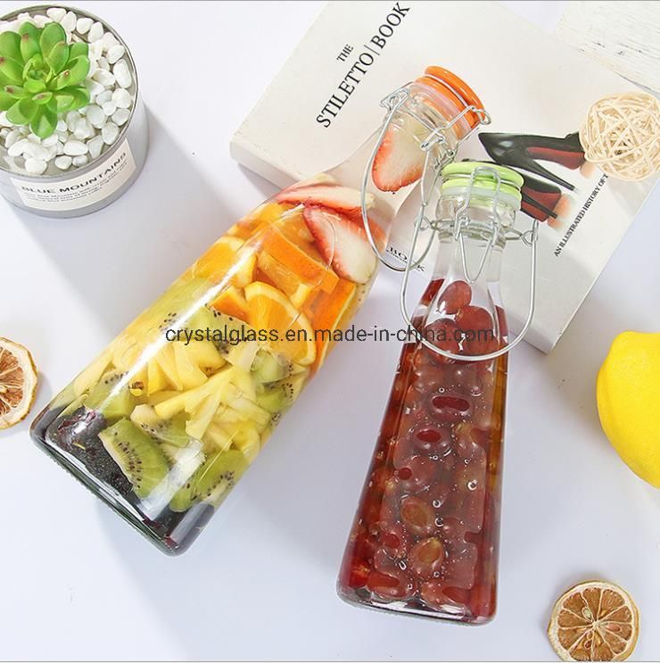 1L Cone Shape Glass Liquor or Juice Bottle with Ceramic Swing Top/Clip Top Glass Bottle