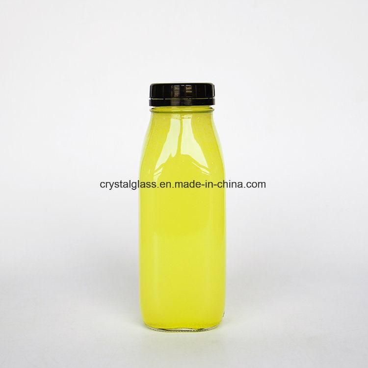 10oz 16oz 500ml Empty Clear French Square Glass Bottle with Child Proof Cap for Milk Tea Drinks