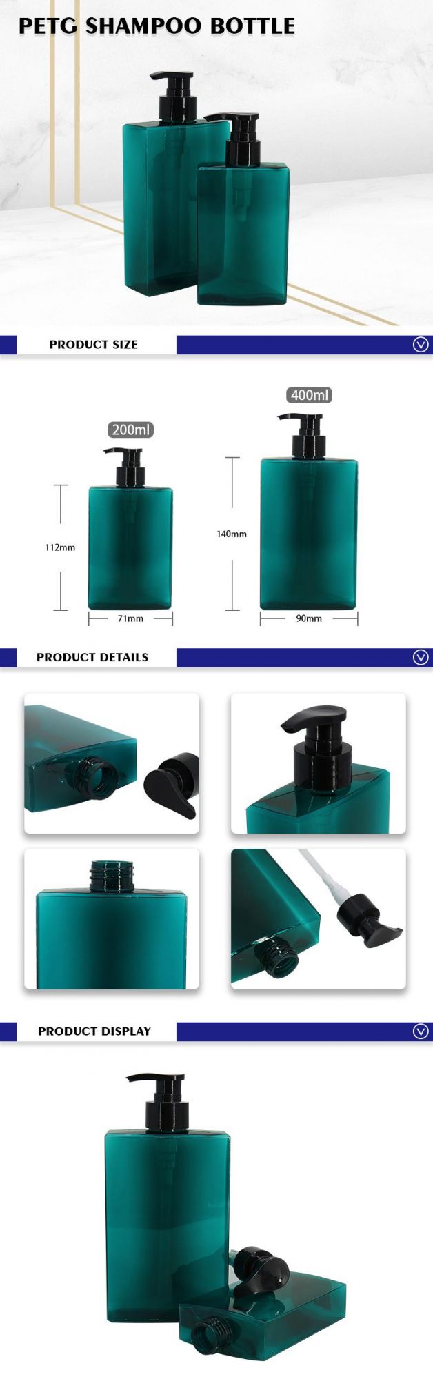 Premium Quality 200ml 400ml PETG Square Teal Shampoo Bottles