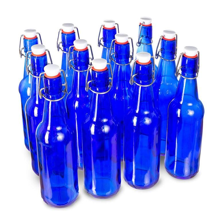 16 Oz Alcohol Kombucha Wine Homemade Soda Airtight Seal Blue Glass Grolsch Beer Bottle with Swing Top/Flip Top Stoppers