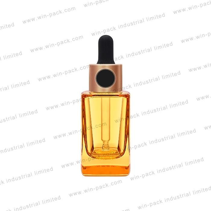 Hot Sale 30ml Glass Dropper Transparent Orange Color Glass Shiny Collar Bottle with Flat Shoulder