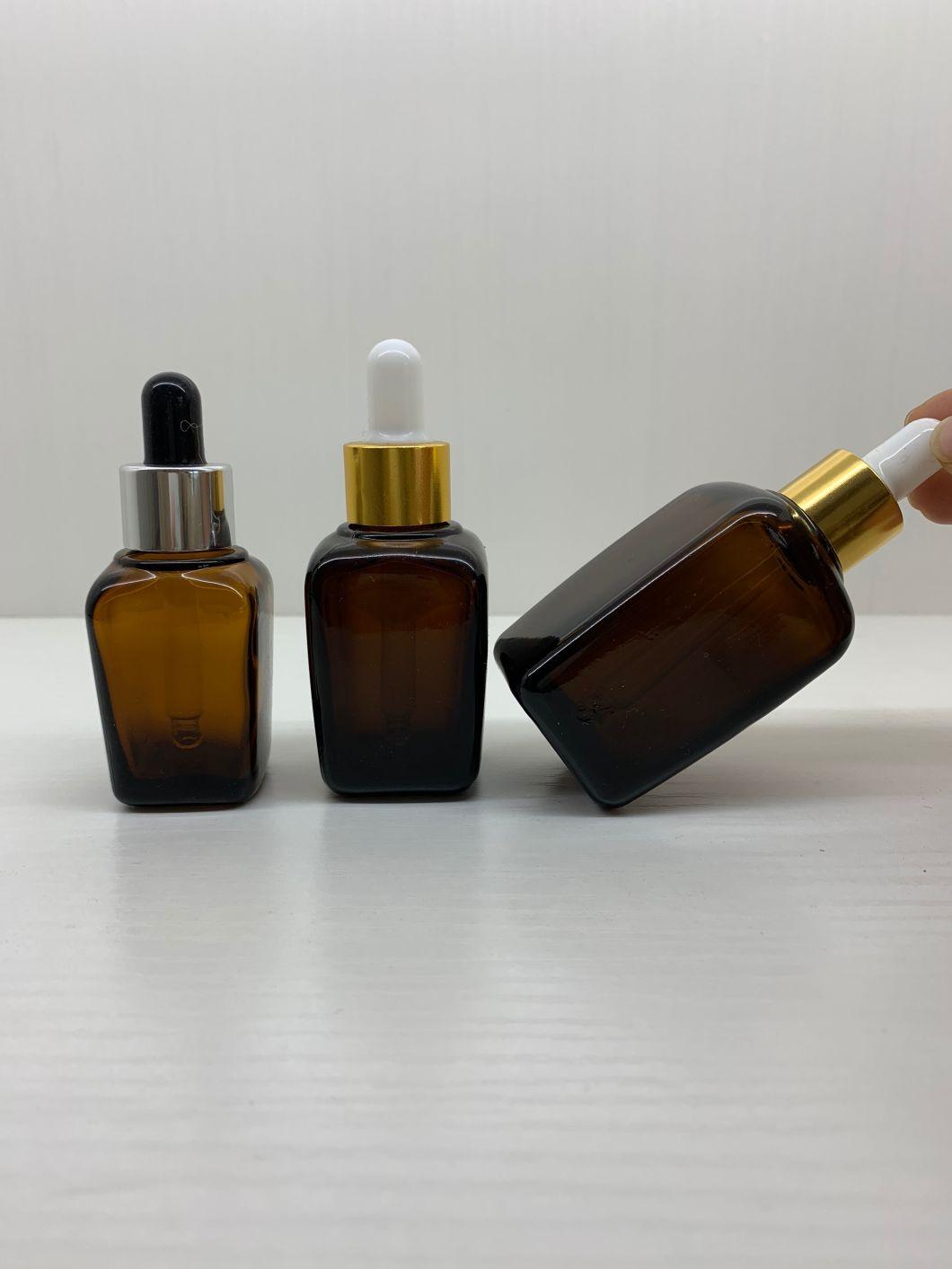 Empty Glass Aromatherapy Bottle Square Amber Essential Oil Bottle with Eye Dropper Gold Cap