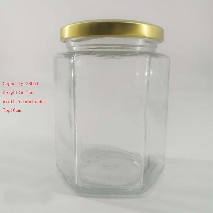 280ml 380ml Hexagon Empty Food Honey Glass Jar with Tin Lids