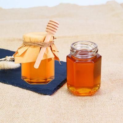 Custom Logo 1.5 Oz Hexagon Mini Candy Jelly Honey Jar Glass with Wooden Dipper