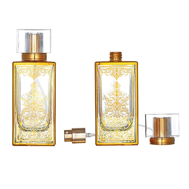 Luxury Rectangle Golden Pattern Perfume Bottle Crystal Gold Cover Transparent Sprayer Bottle