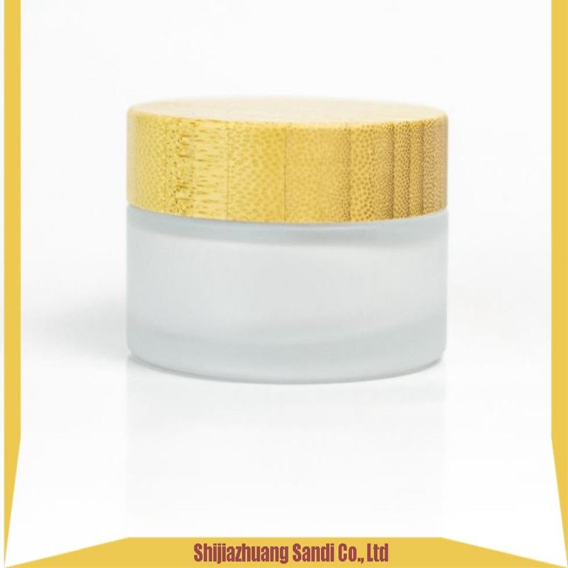 Free Sample Wooden Cosmetic Packaging Glass Frosted Cream Jar Container with Bamboo Lid