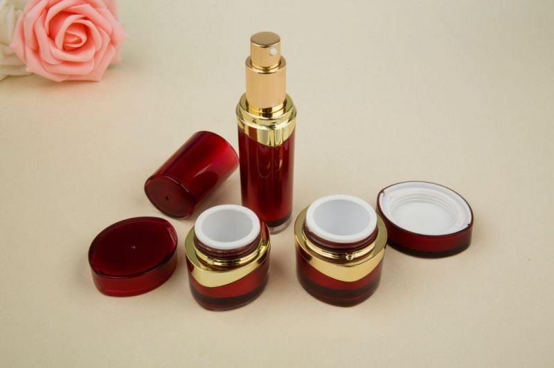 15g 20g Red Acrylic Cream Jar and 30ml Lotion Bottle Set for Cosmetic Packaging