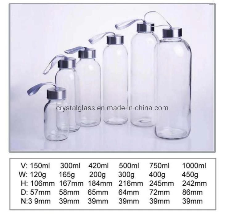 300ml 500ml 750ml BPA Free Stainless steel Lid Custom Logo Glass Water Bottle with Nylon Sleeve