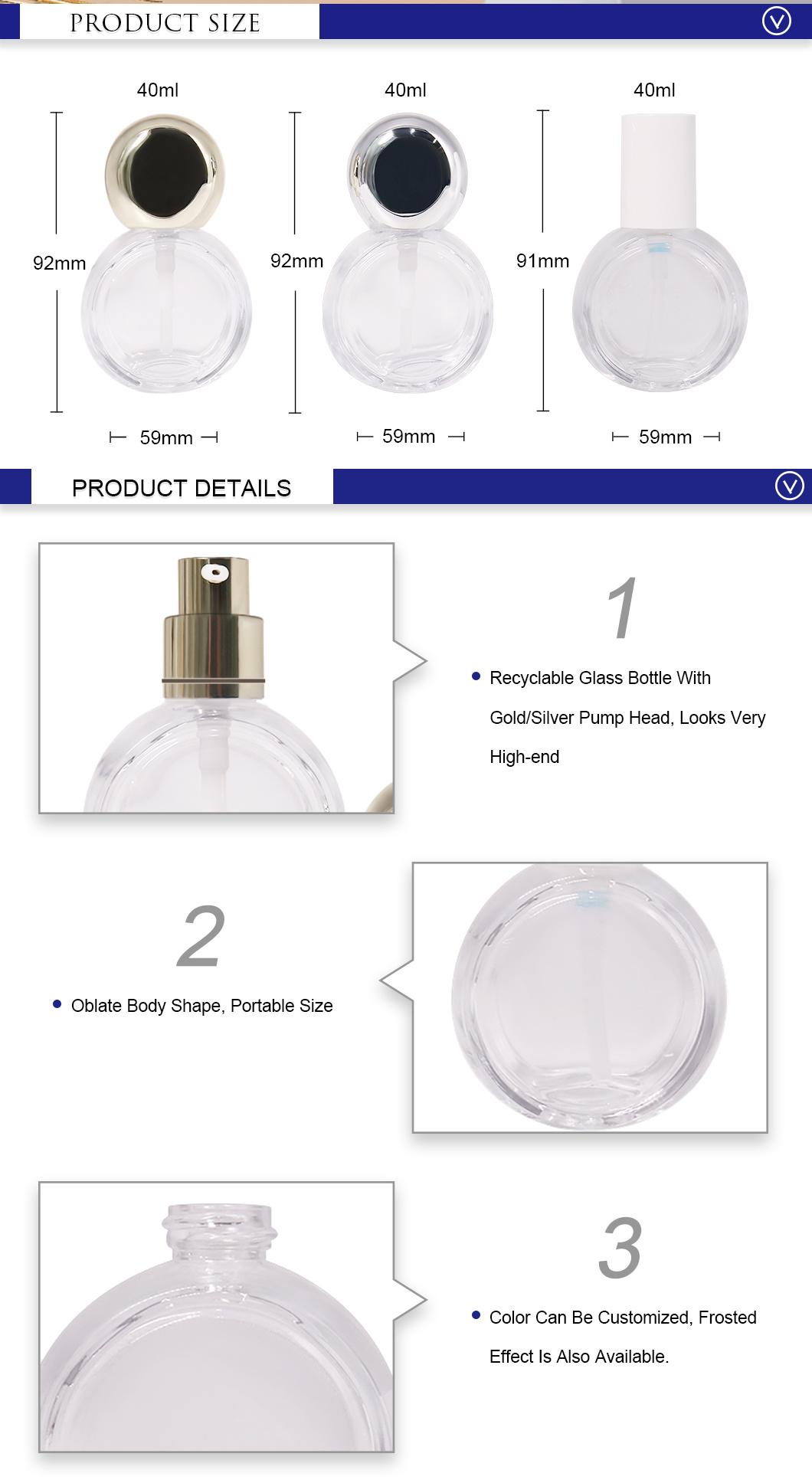 Skincare Packaging Round 30ml 40ml Recyclable Clear Glass Small Lotion Bottle with Silver Pump