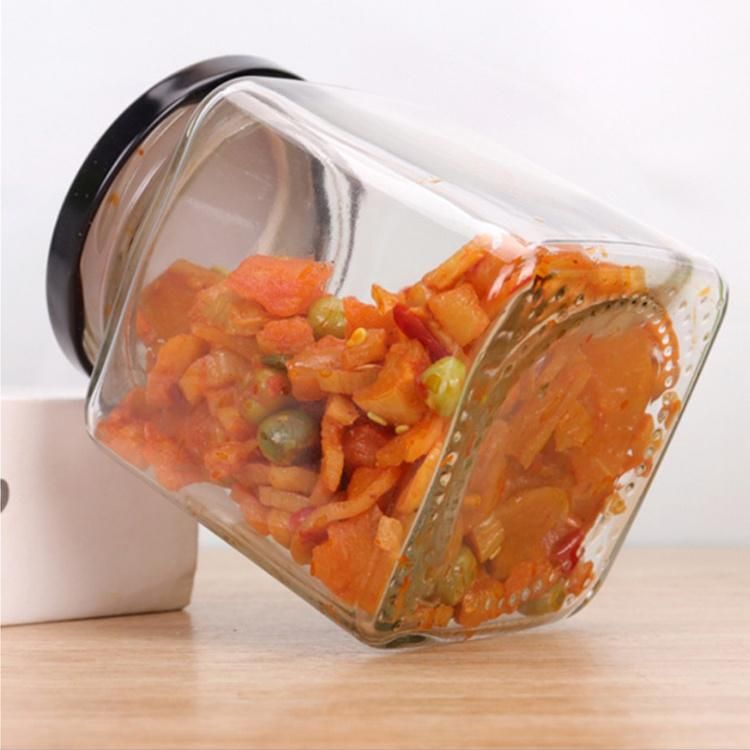 Square 280ml 380ml 500ml Empty Jam Honey Food Storage Jar Glass Container with Metal Cap