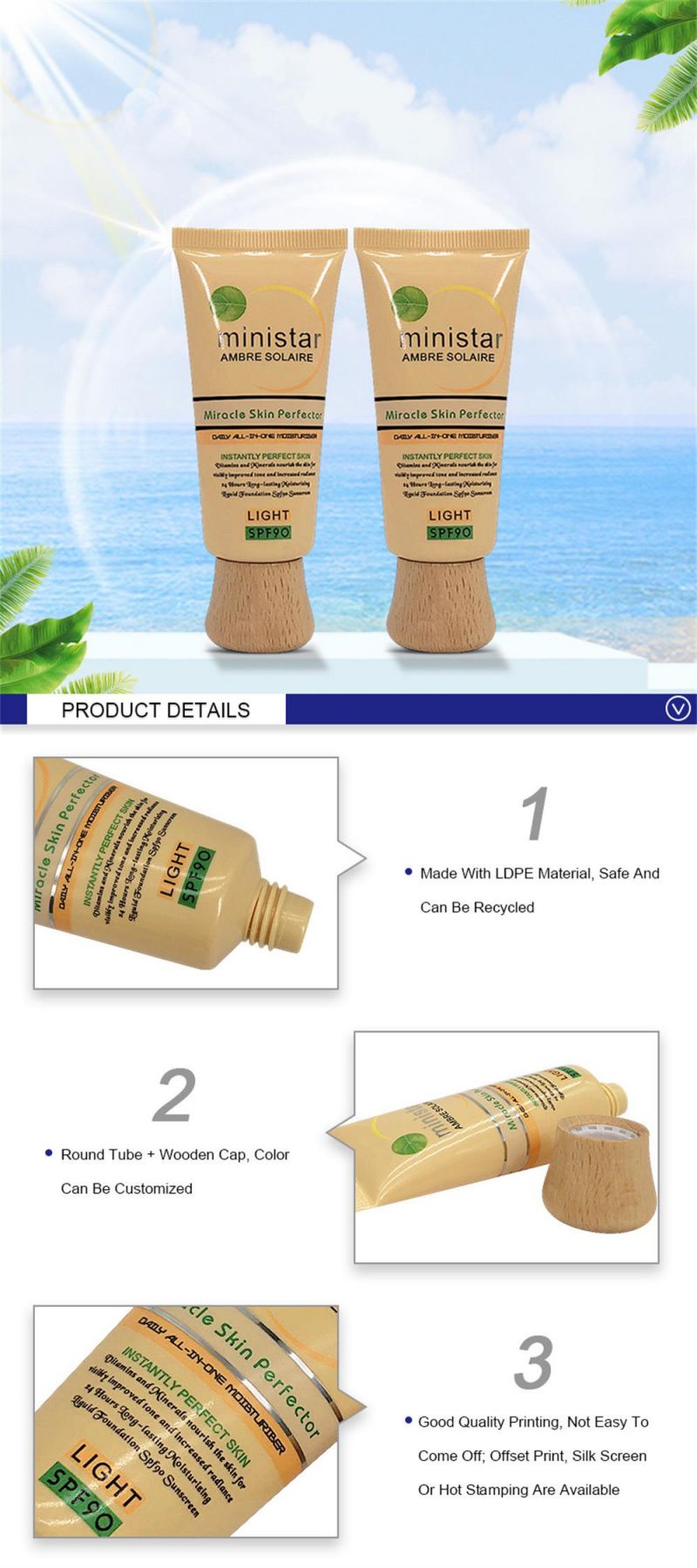 Factory Supply Eco Friendly Cosmetic Plastic Tube Sunscreen Container Plastic Sun Block Tube with Bamboo Cap