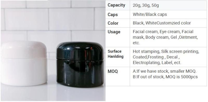 Cosmetic Packaging Container 20g 30g 50g Black Body Scrub Face Body Cream Glass Jar with Wood Grain Plastic Lids