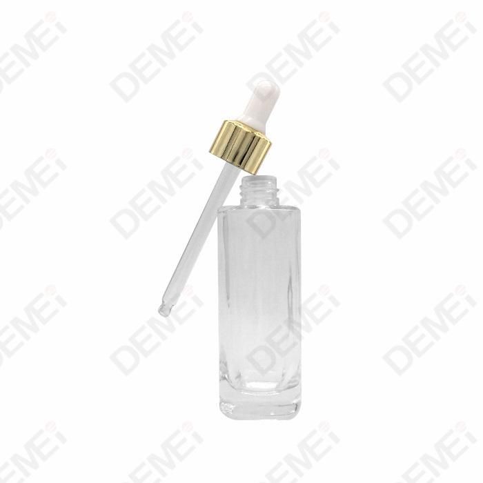 30ml Cosmetic Packaging Slim Square Glass Dropper Bottles with Gold Aluminum Rubber Pipette Dropper Cap