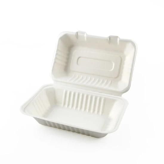 Biodegradable Tableware Sugarcane Bagasse 9*6inch Clamshell Paper Pulp Packaging Lunch Box