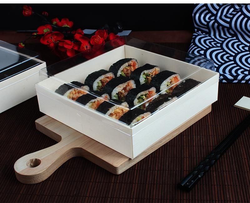 Factory Customized Hot Sale Sishu Sala Package Wood Box with Pet Tray Food Take Away Package