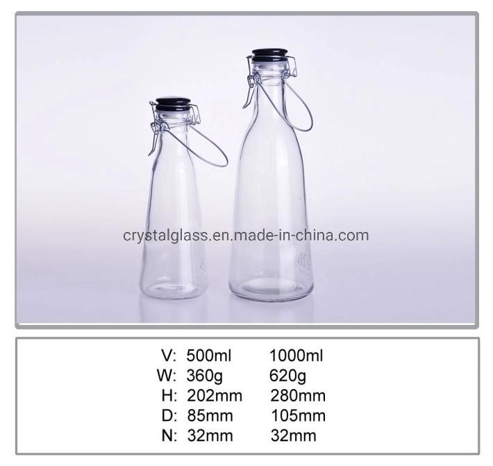 Factory Hole Sale Transparent Glass Milk Juice Alcohol Liquor Bottle with Portable Swing Clip 0.5L 1liter