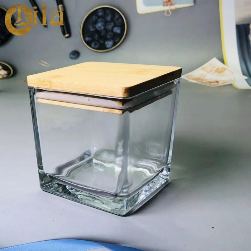 Wholesale High Quality Square Candle Jar Glass Storage Jar with Bamboo Wooden Lid