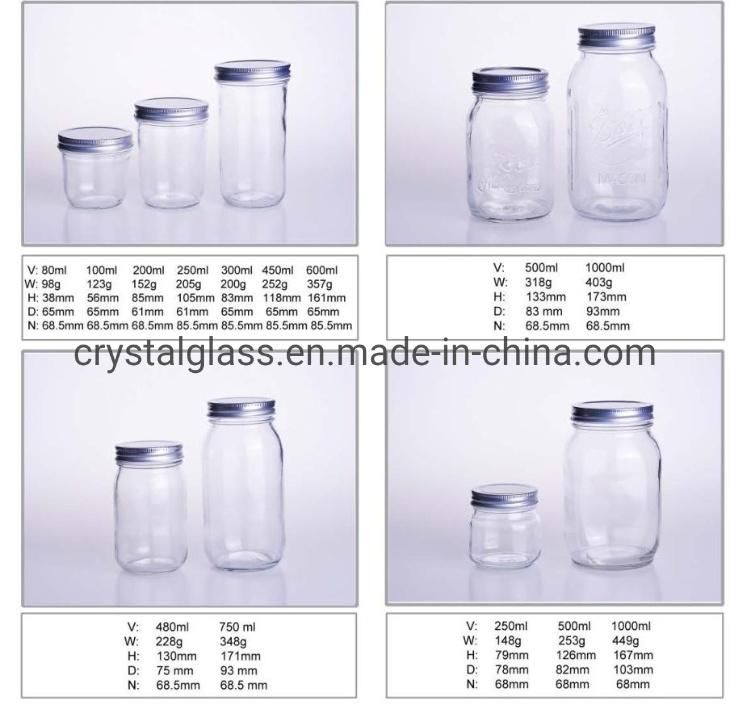 Customizable 16 Oz Mason Type 150ml 300ml 500ml 1000ml Glass Food Jar for Jam Packaging