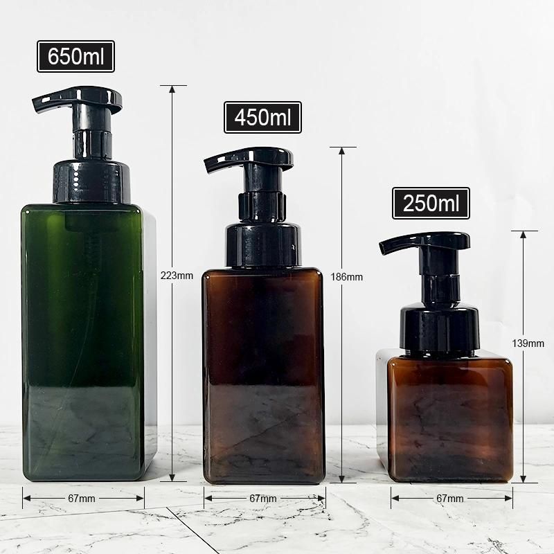 Customized 250ml 450ml Green Amber Square PETG Plastic Liquid Foam Soap Dispenser Bottle in Bathroom with Pump