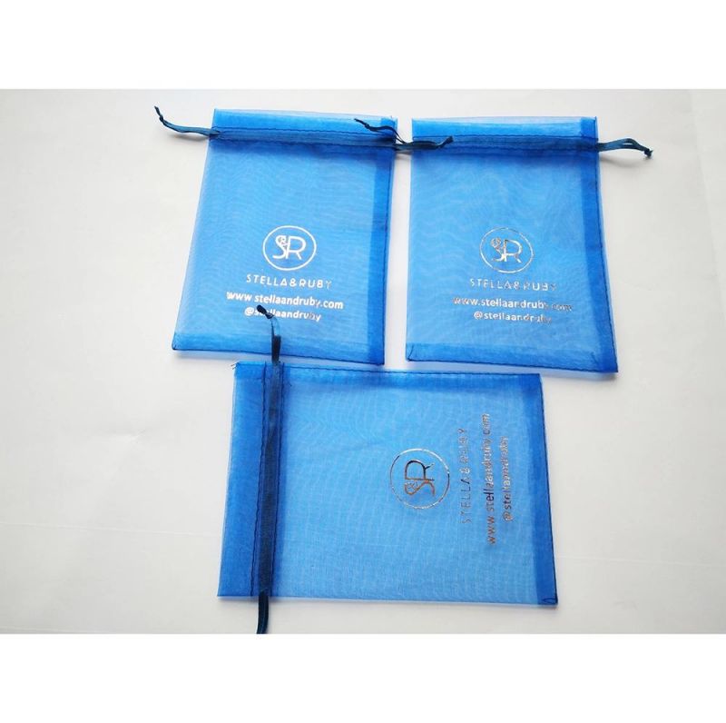 Promotional Exquisite Sheer Blue Organza Drawstring Bag for Jewelry Packaging