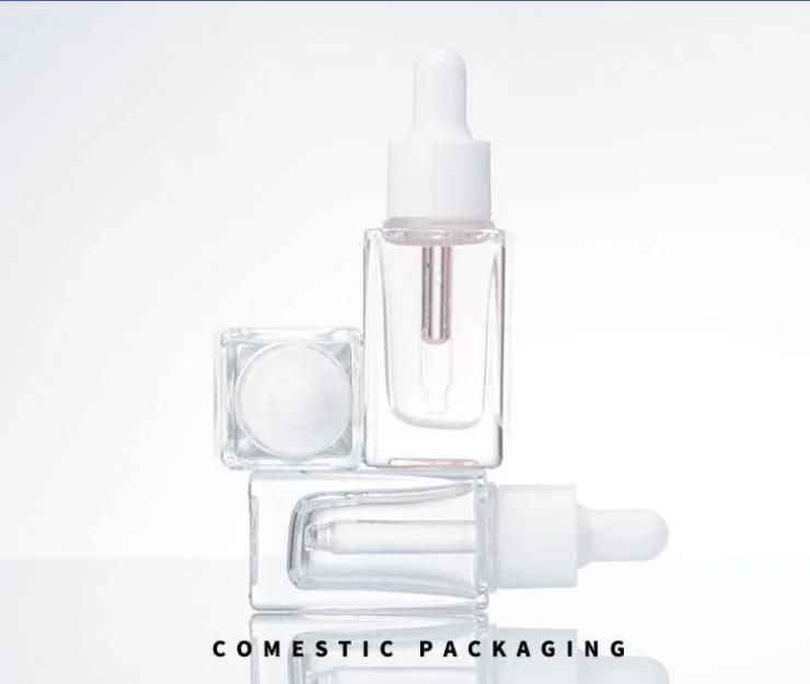 10ml 15ml Square Clear/Transparent Essential Oil/Serum Glass Dropper Bottle with White Plastic Dropper Cap