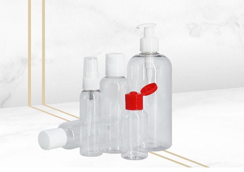 New Style Customized Multiple Capacity Cosmetic Pacakaging Pet Round Shoulder Transparent Spray and Lotion Bottle