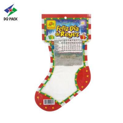 Dq Pack Custom Logo Plastic Packaging Bag Christmas Candy Bag Sock Shape Bag for Candy Packaging